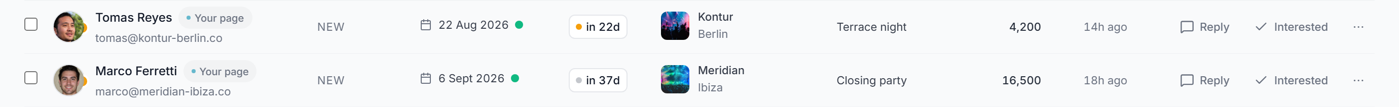 Two booking requests: Kontur in Berlin and Meridian in Ibiza, each with the sender, the venue, the date, the fee and how long they have waited