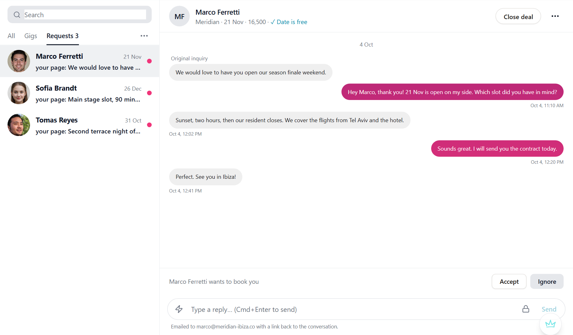 The inbox: booking requests as a list of faces and names, and Marco Ferretti's request from Meridian opened, with the date checked against the calendar in one line and the conversation in pink and grey bubbles